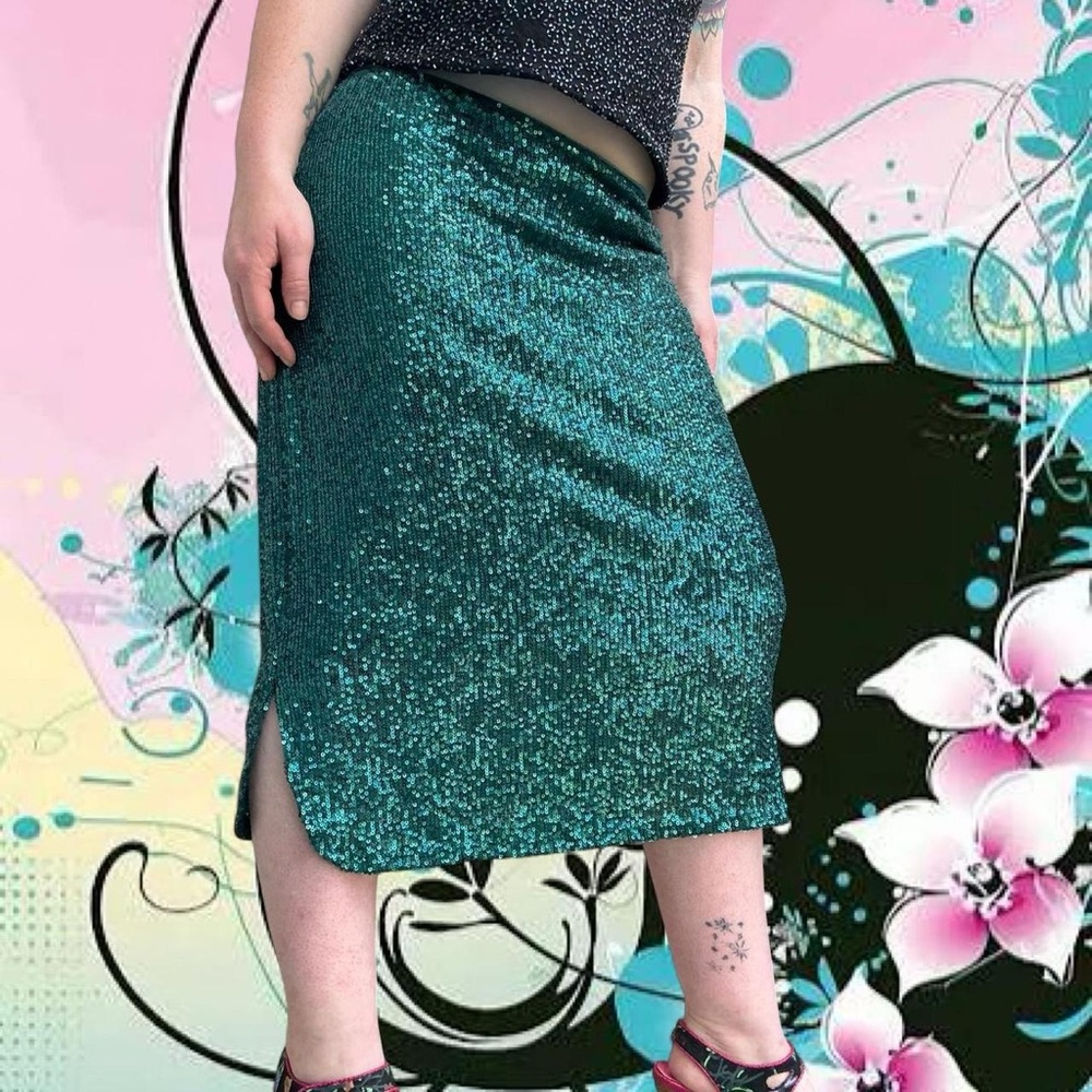 vtg y2k 7th ray mcbling indie sleaze sequin bling low rise midi skirt, sz xl